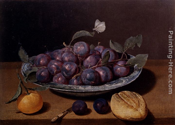 Still Life Of A Plate Of Plums And A Loaf Of Bread painting - Jacques Linard Still Life Of A Plate Of Plums And A Loaf Of Bread art painting